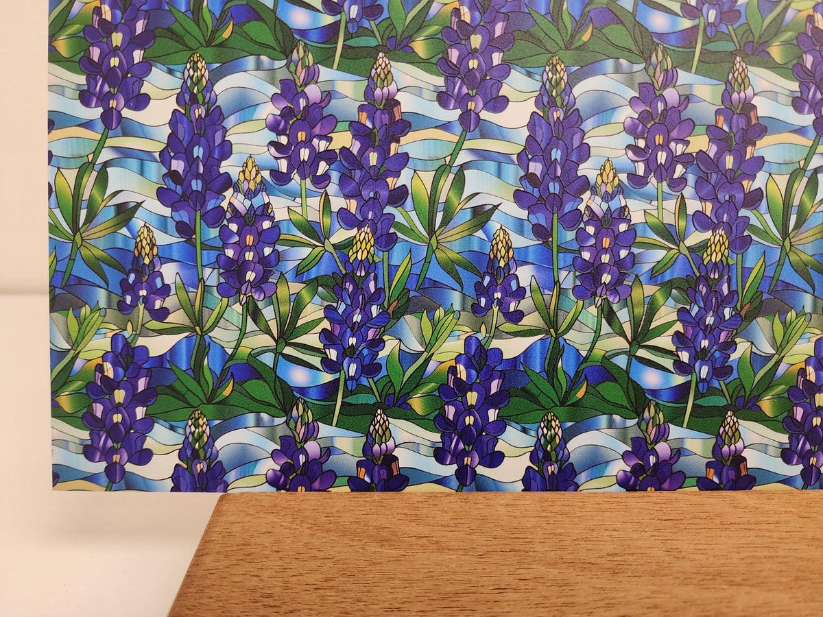 PatternPly® Full Coverage Stained Glass Bluebonnets sheet showing the pattern
