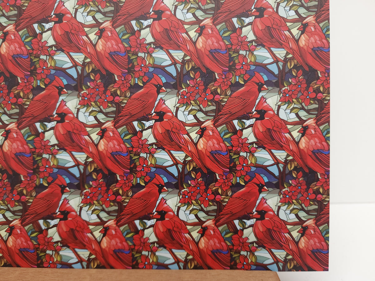 PatternPly® Full Coverage Stained Glass Cardinals sheet showing the pattern