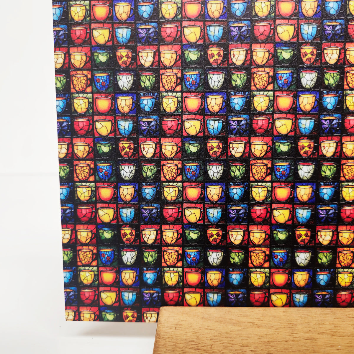 PatternPly® Full Coverage Mini Stained Glass Coffee Cups sheet showing the pattern