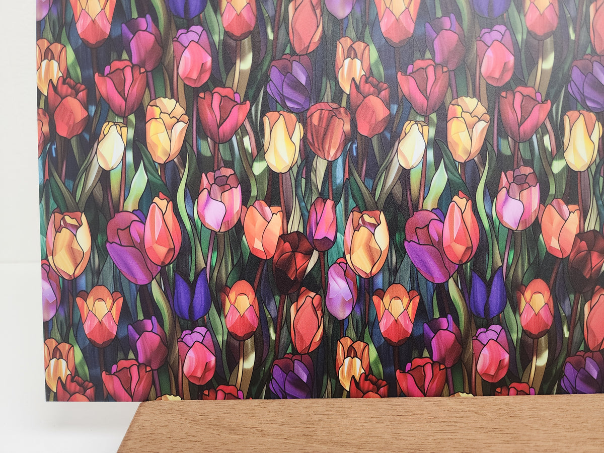 PatternPly® Full Coverage Stained Glass Colorful Tulips Large sheet showing the pattern