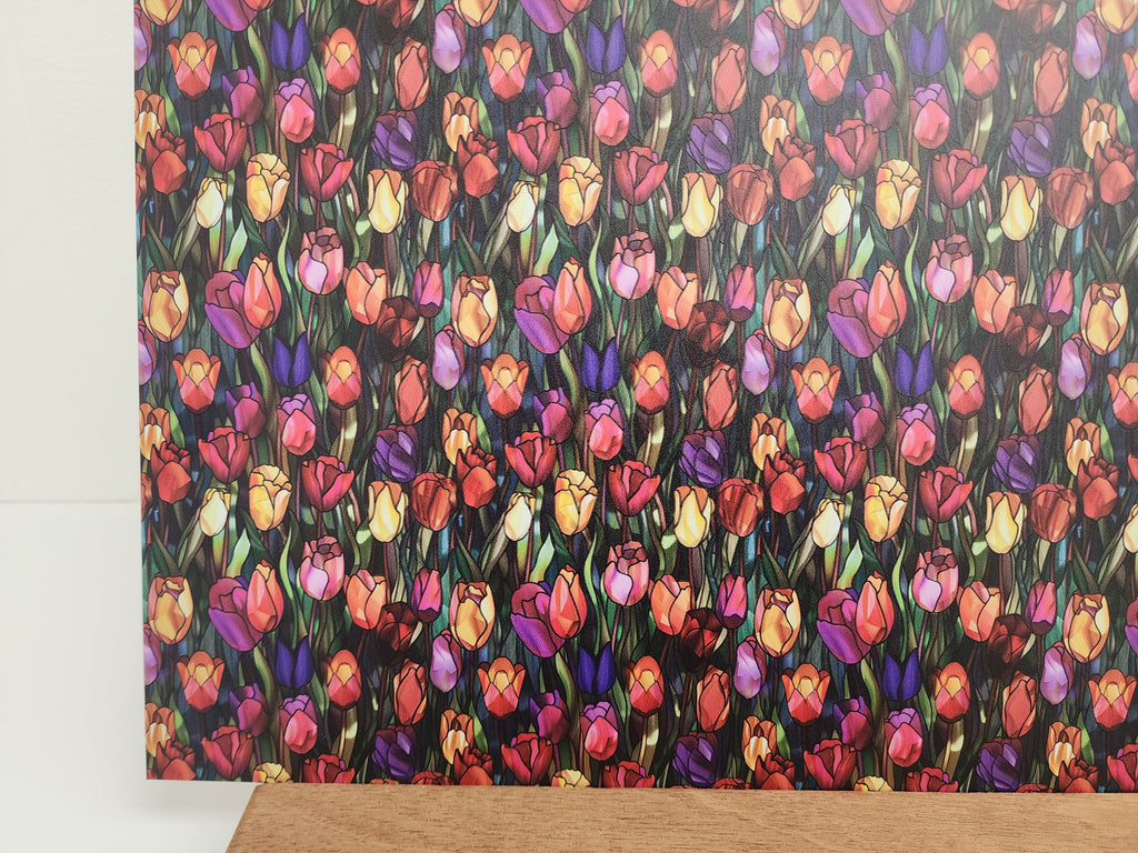 PatternPly® Full Coverage Stained Glass Colorful Tulips sheet showing the pattern
