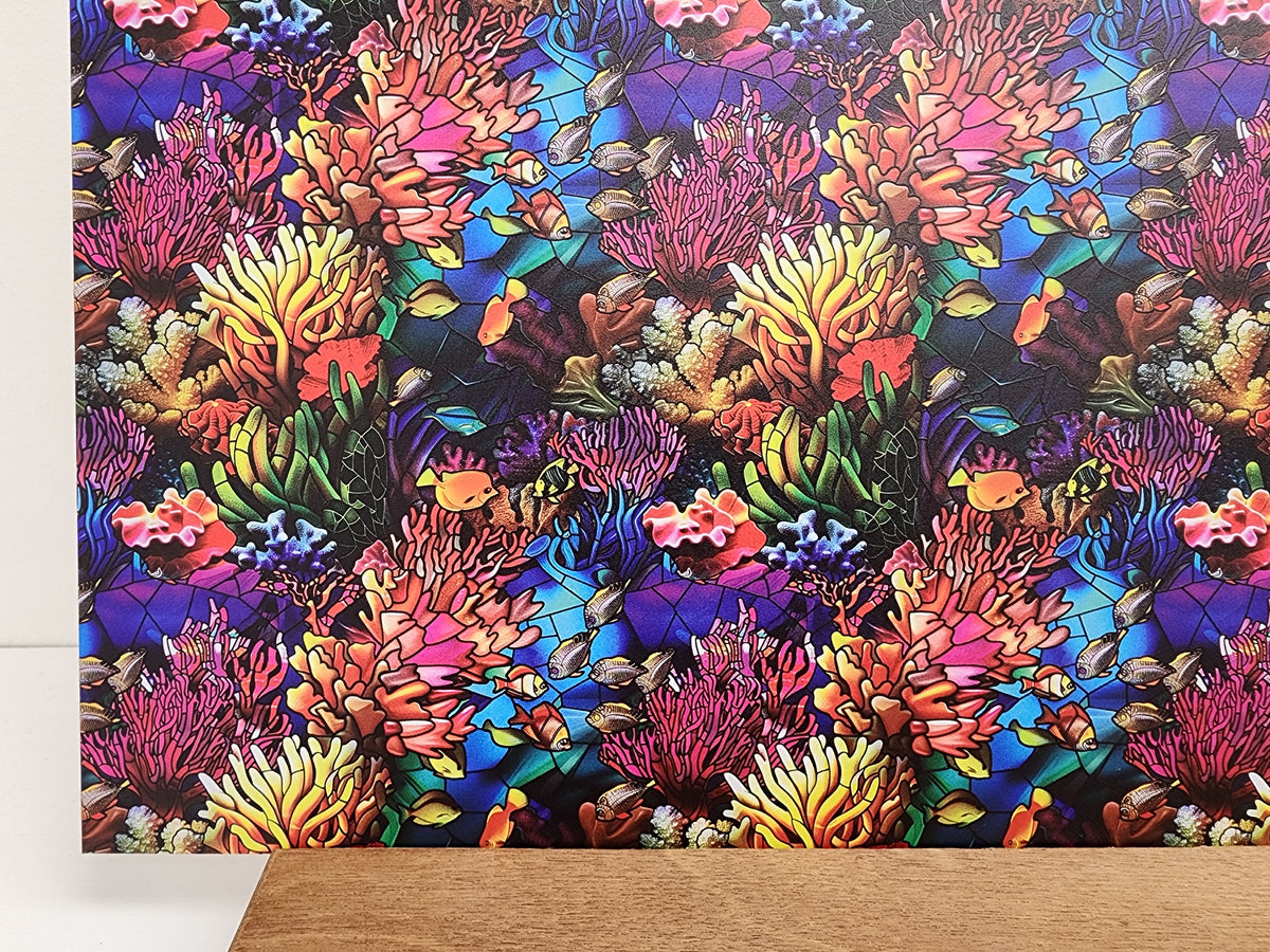 PatternPly® Full Coverage Stained Glass Coral Reef sheet showing the pattern