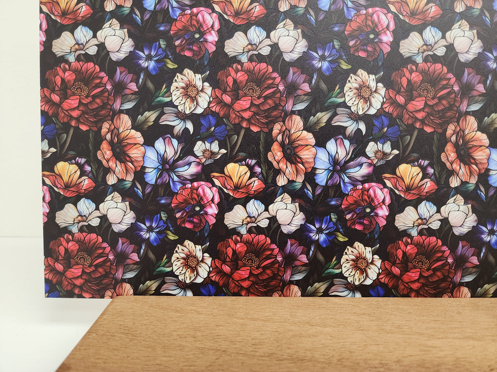 PatternPly® Full Coverage Stained Glass Dark Wedding Floral sheet showing the pattern