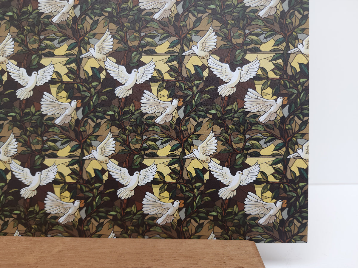 PatternPly® Full Coverage Stained Glass Doves sheet showing the pattern