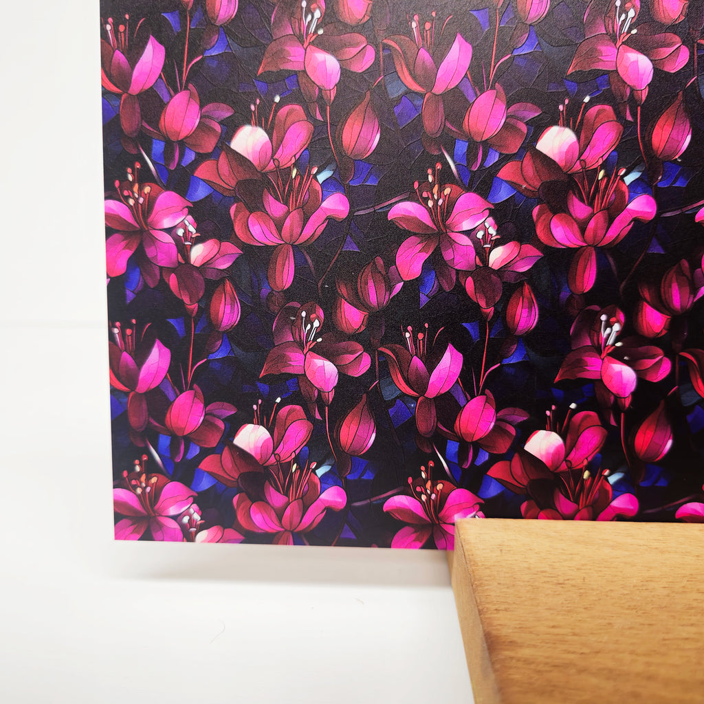 PatternPly® Full Coverage Stained Glass Fuchsia Flowers sheet showing the pattern