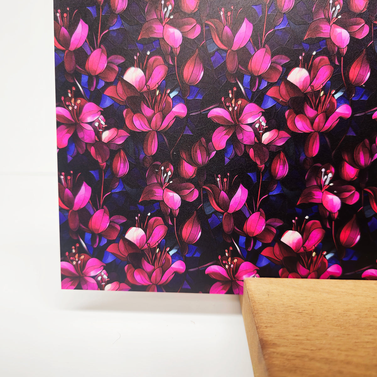 PatternPly® Full Coverage Stained Glass Fuchsia Flowers sheet showing the pattern