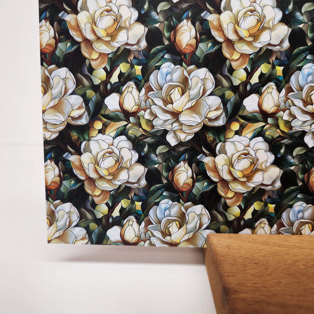 PatternPly® Full Coverage Stained Glass Gardenias sheet showing the pattern