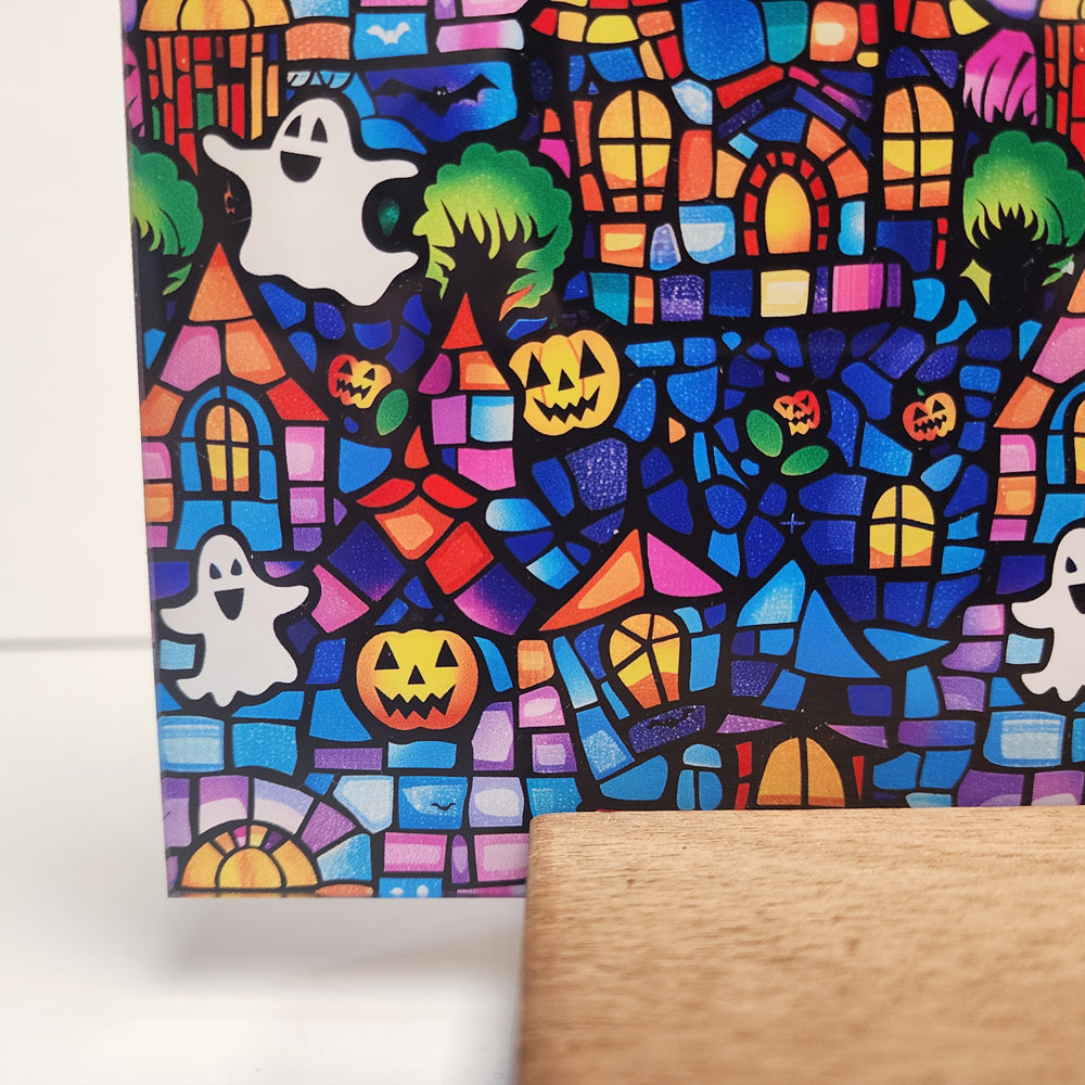 PatternPly® Full Coverage Stained Glass Haunted House sheet showing the pattern