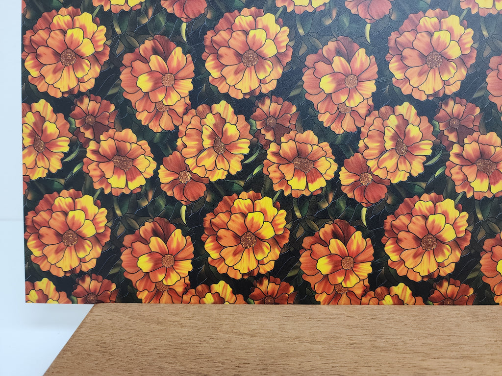 PatternPly® Full Coverage Stained Glass Marigolds sheet showing the pattern