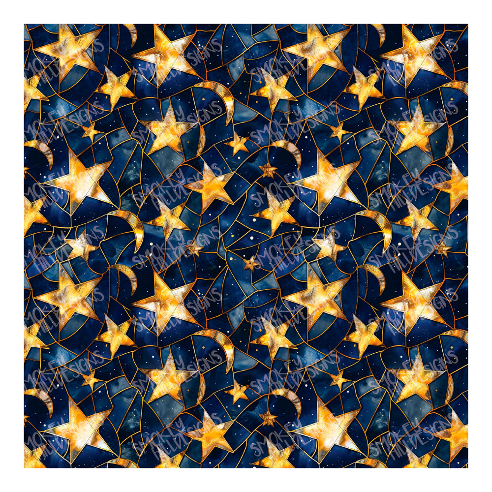 PatternPly® Full Coverage Stained Glass Moon and Stars VERTICAL sheet showing the pattern