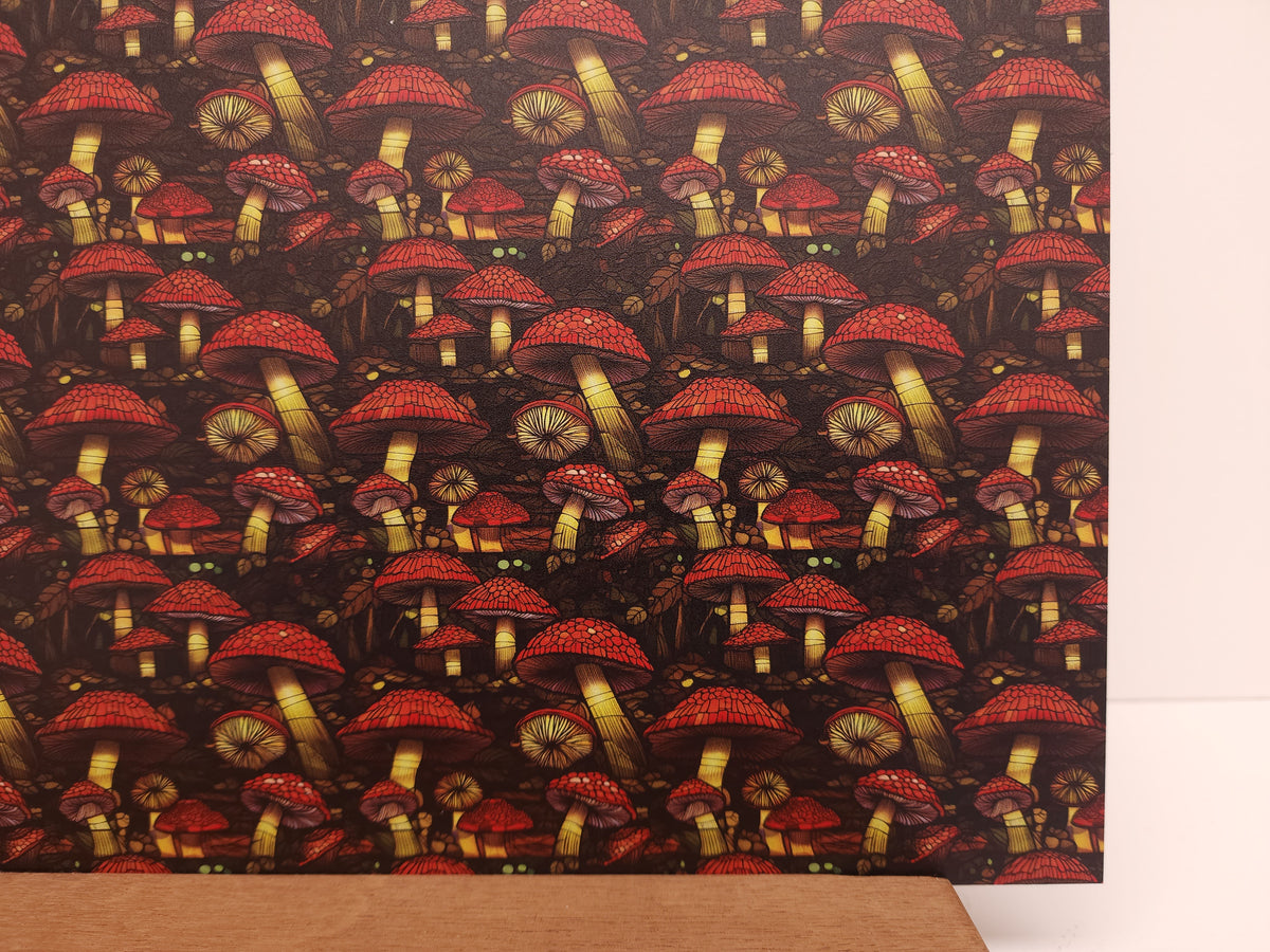 PatternPly® Full Coverage Stained Glass Mushrooms sheet showing the pattern