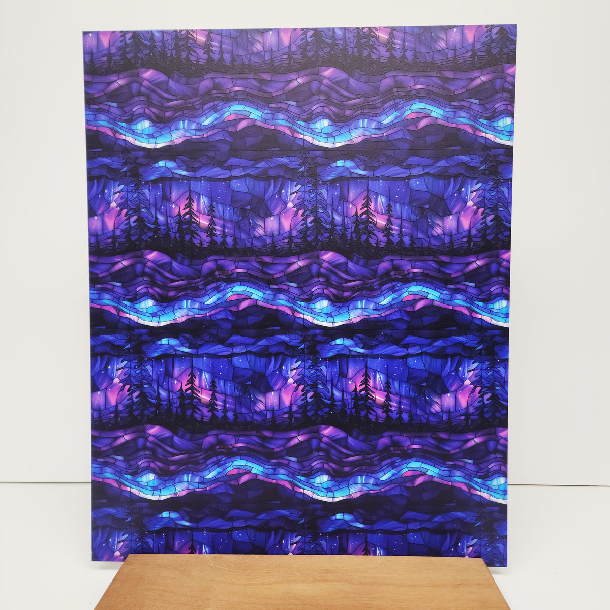 PatternPly® 19x24" Stained Glass Northern Lights Forest XL Scale sheet showing the pattern