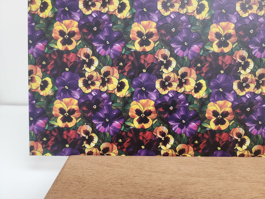 PatternPly® Full Coverage Stained Glass Pansies sheet showing the pattern