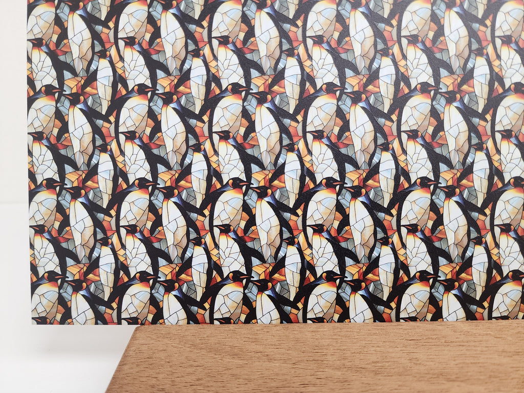 PatternPly® Full Coverage Stained Glass Penguins sheet showing the pattern