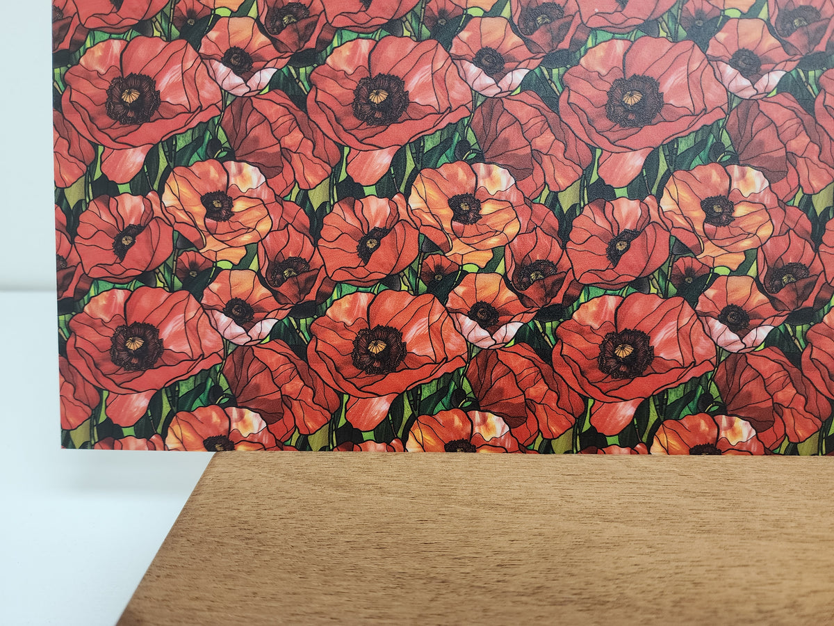 PatternPly® Full Coverage Stained Glass Poppies sheet showing the pattern
