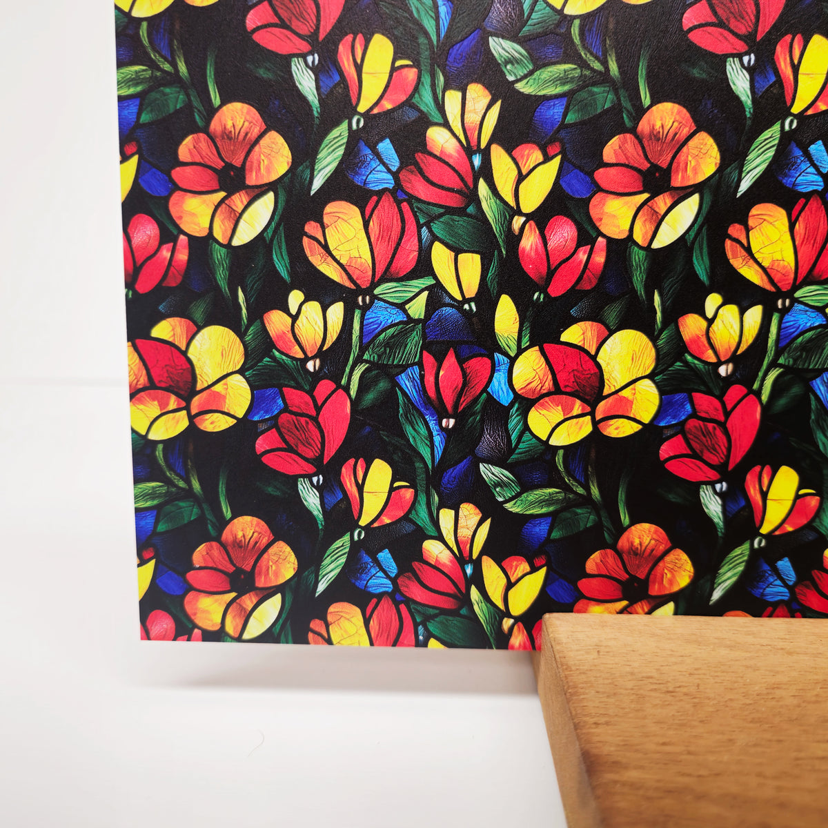 PatternPly® Full Coverage Stained Glass Red and Yellow Floral sheet showing the pattern