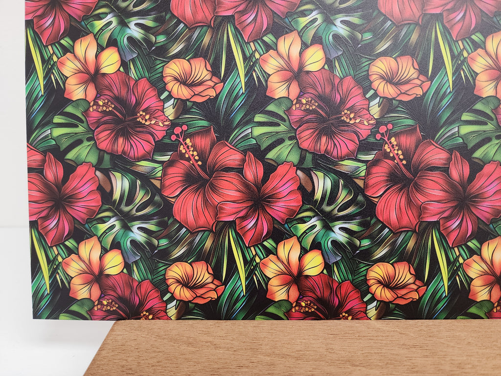 PatternPly® Full Coverage Stained Glass Tropical Red Hibiscus sheet showing the pattern