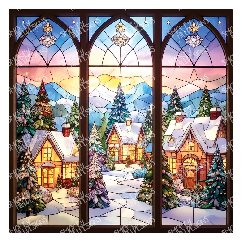 PatternPly® Full Coverage Stained Glass Village sheet showing the pattern