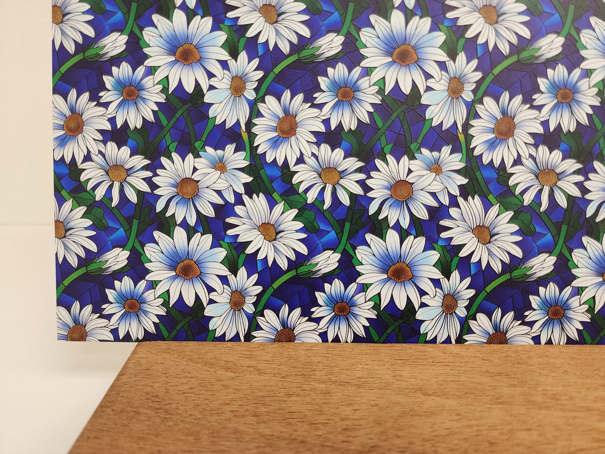 PatternPly® Full Coverage Stained Glass White Daisies sheet showing the pattern