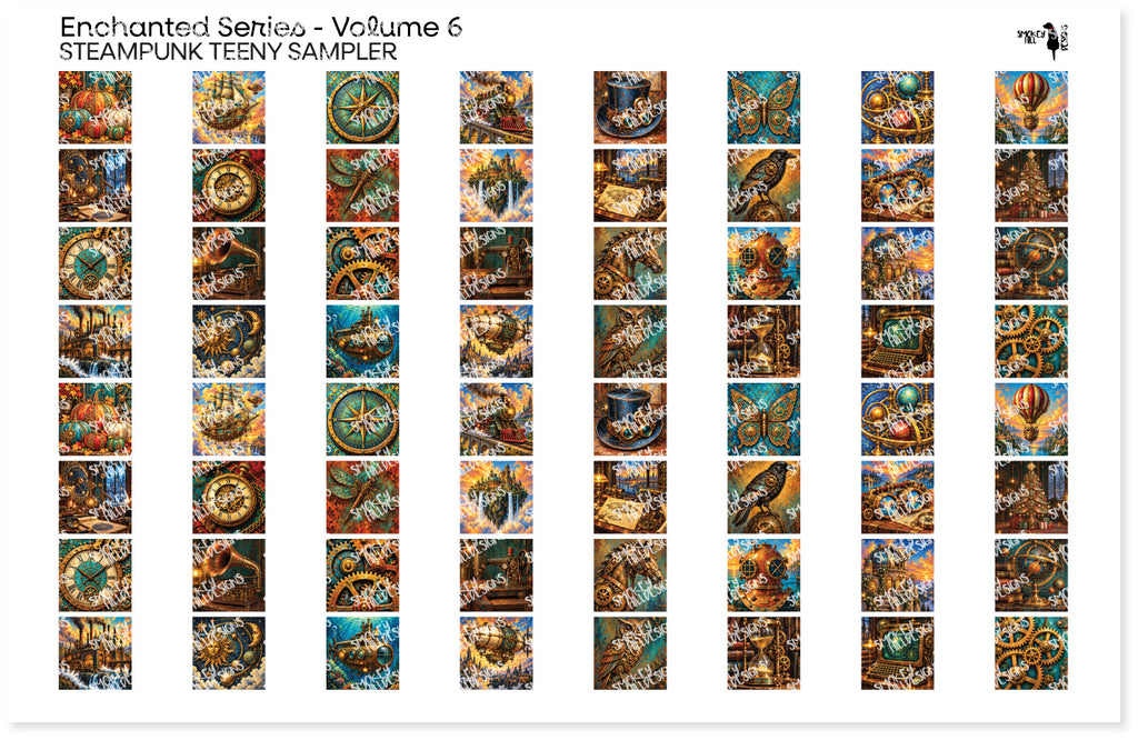 PatternPly® Transparent Enchanted Series Volume 6 Steampunk Teeny Sampler: sampler sheet of small art scene designs