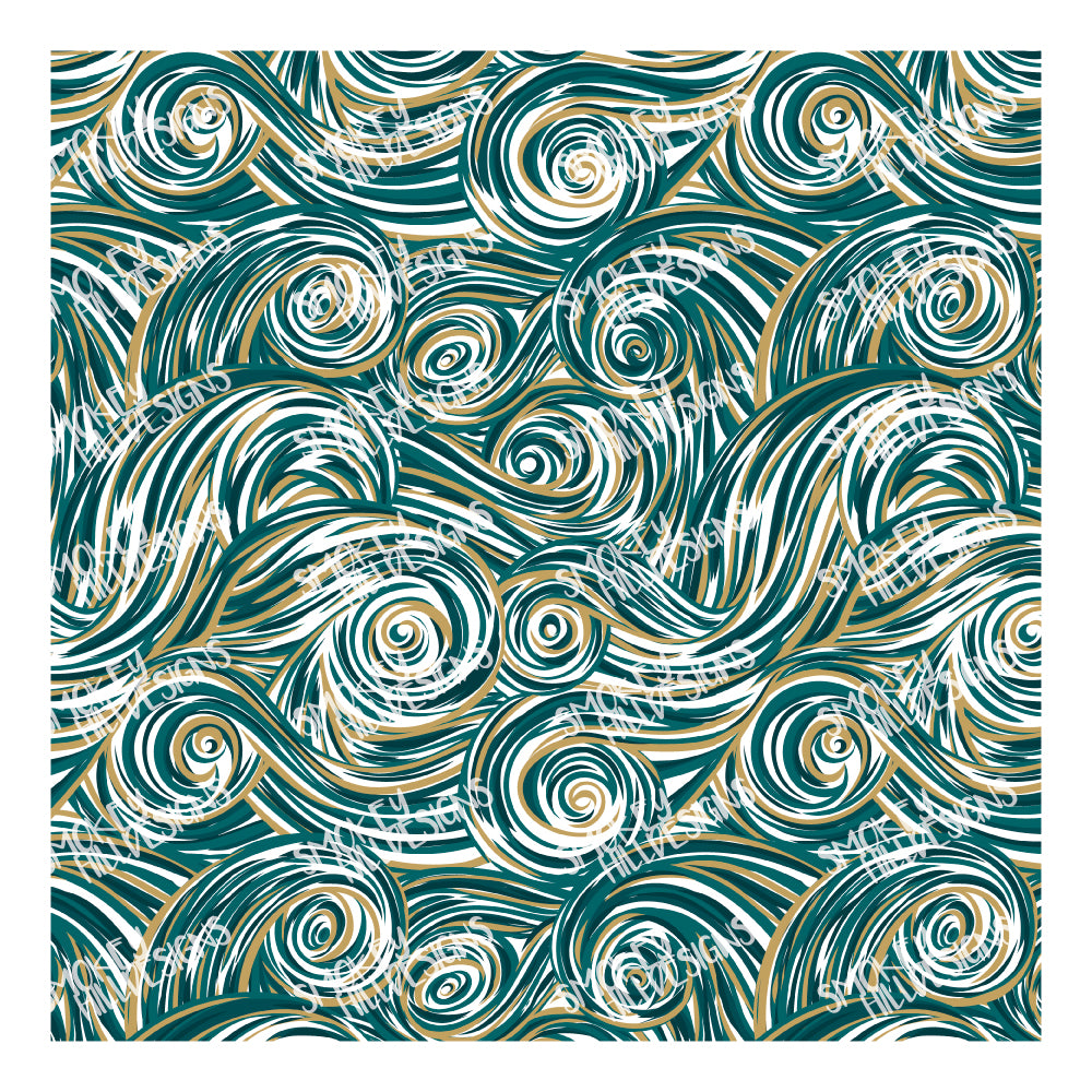 PatternPly® Scattered Teal and Bronze Swirls sheet showing the pattern