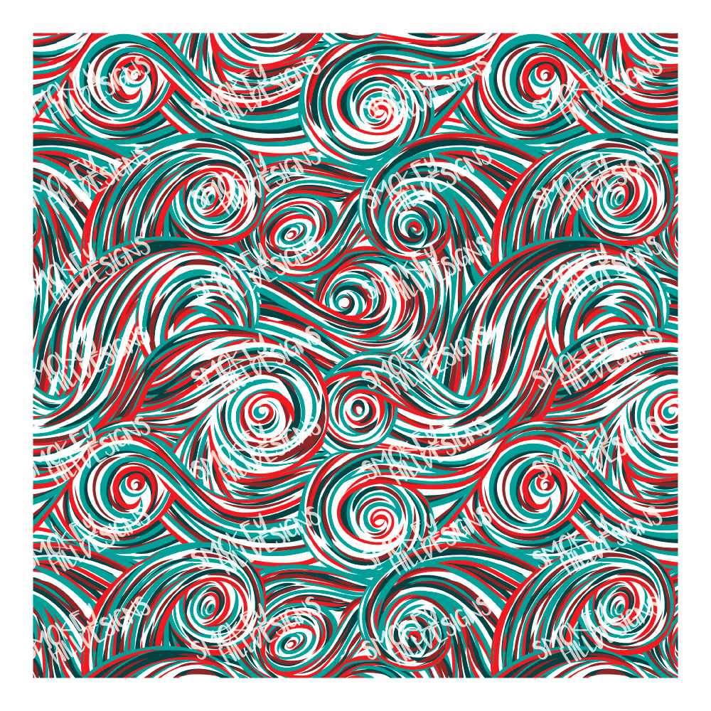 PatternPly® Scattered Teal and Red Swirls sheet showing the pattern