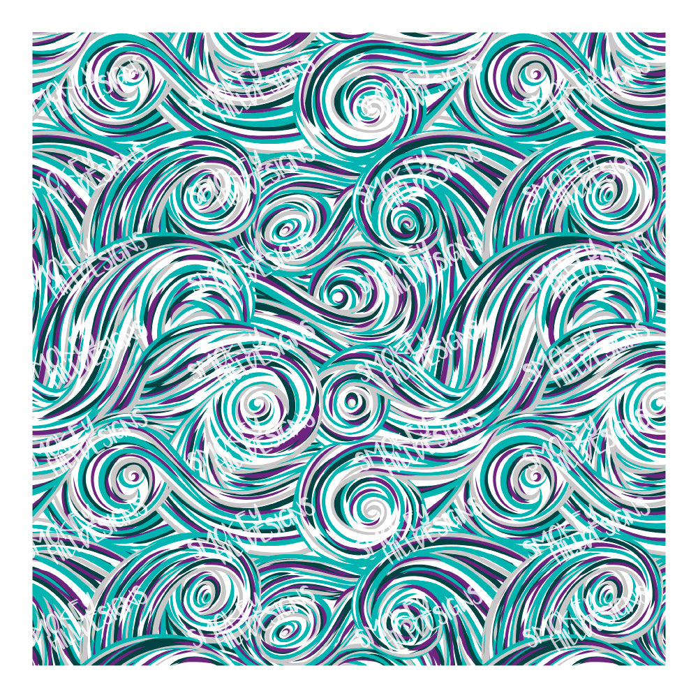 PatternPly® Transparent Teal, Purple, and Silver Swirls sheet showing the pattern