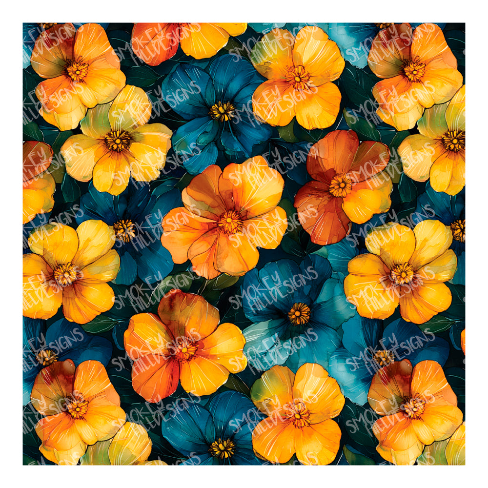 PatternPly® Transparent Teal and Yellow Floral sheet showing the pattern