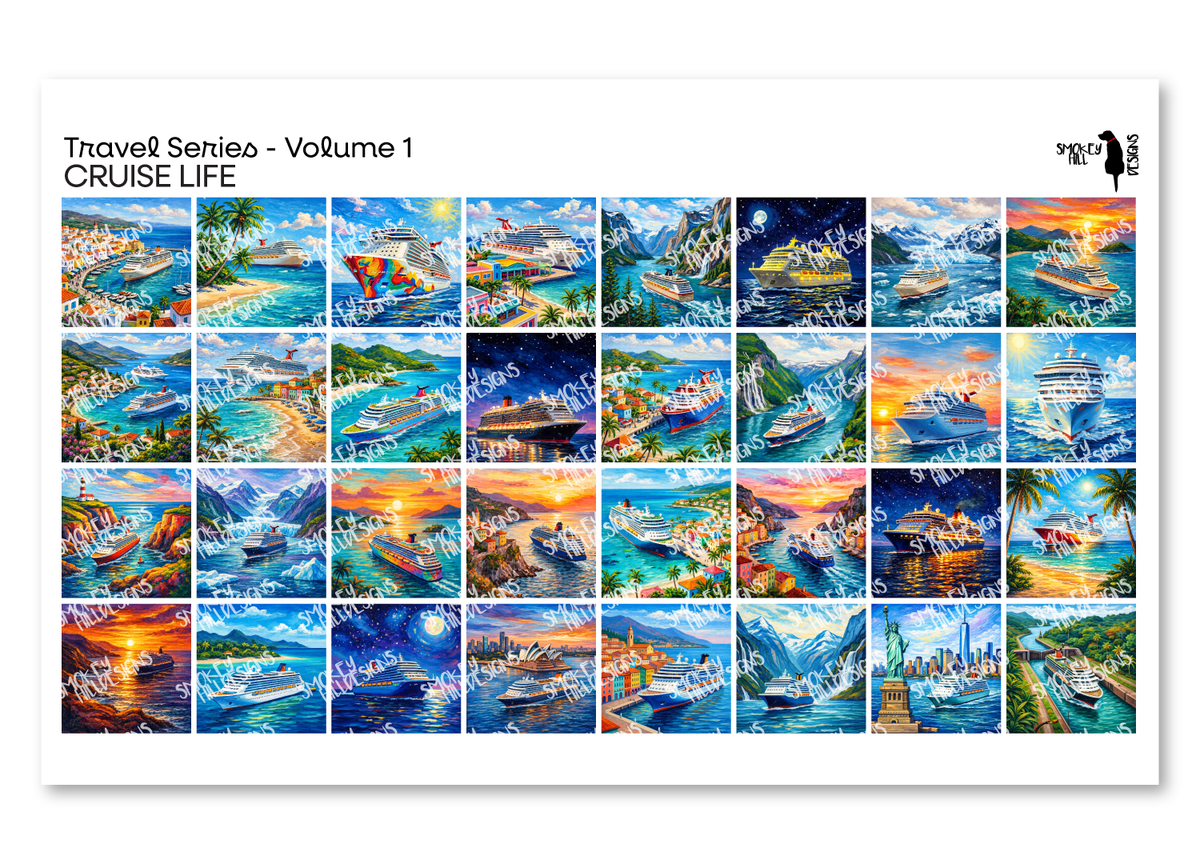 PatternPly® Transparent Travel Volume 1 Cruise Life Sampler: sampler sheet of small art scene designs