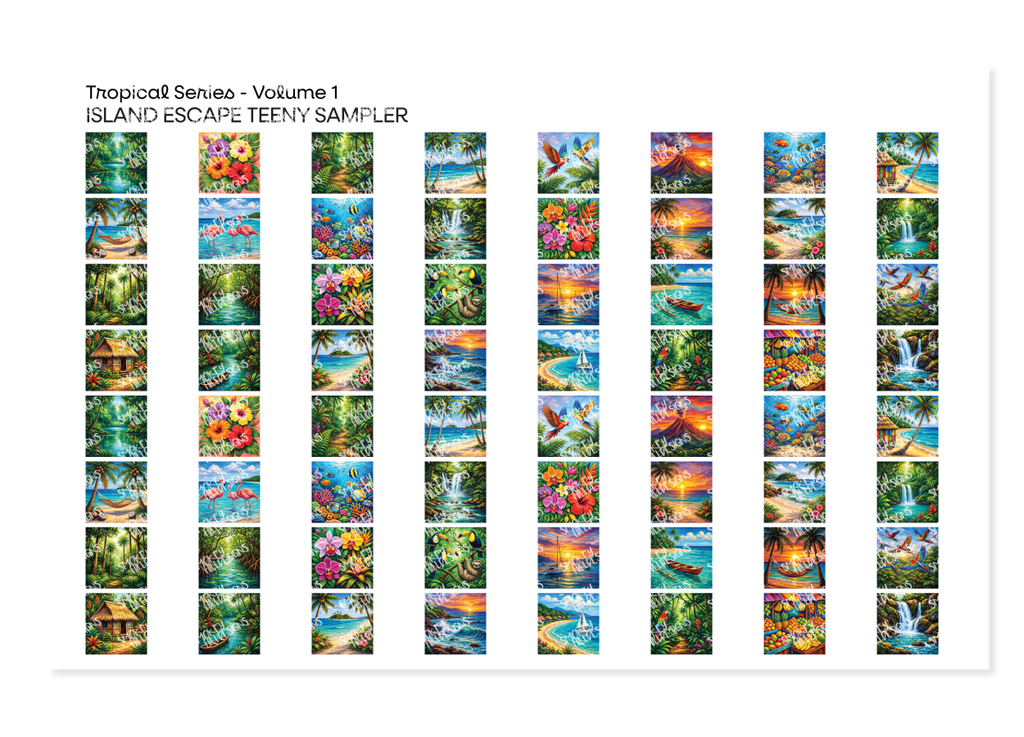 PatternPly® Full Coverage Tropical Series Volume 1 Island Escape Teeny Sampler: sampler sheet of small art scene designs