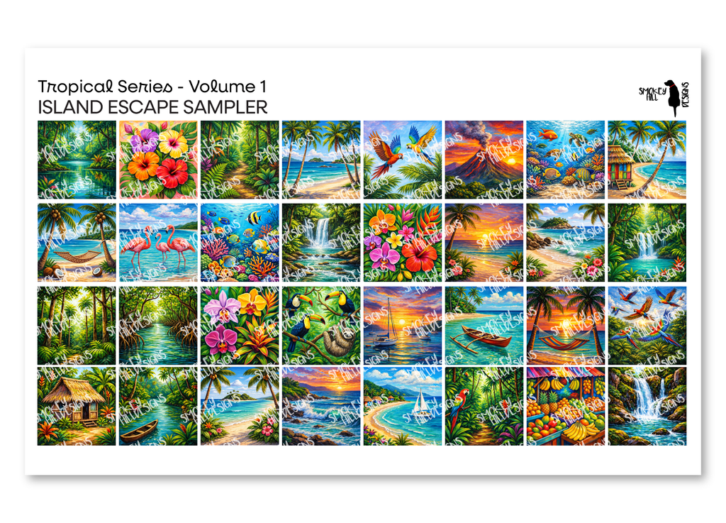 PatternPly® Transparent Tropical Series Volume 1 Island Escape Sampler: sampler sheet of small art scene designs