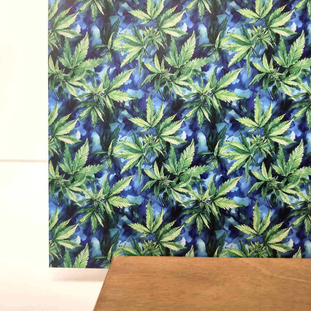 PatternPly® Full Coverage Watercolor Marijuana Leaves sheet showing the pattern