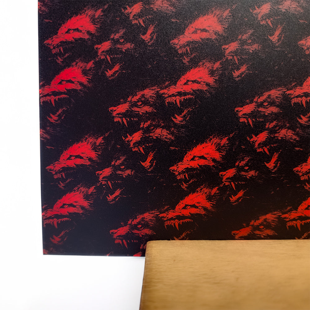 PatternPly® Full Coverage Red Werewolves sheet showing the pattern