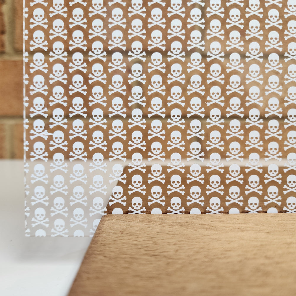PatternPly® Scattered White Skull and Crossbones sheet showing the pattern