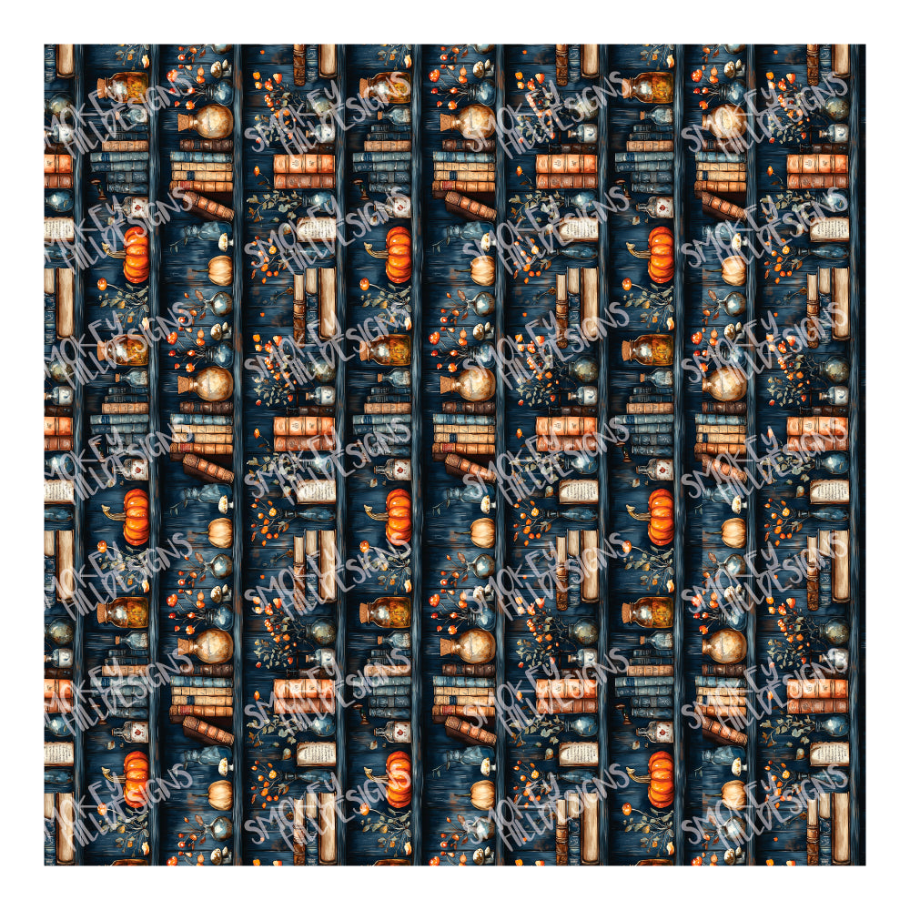 PatternPly® Full Coverage Witchy Bookshelves VERTICAL sheet showing the pattern