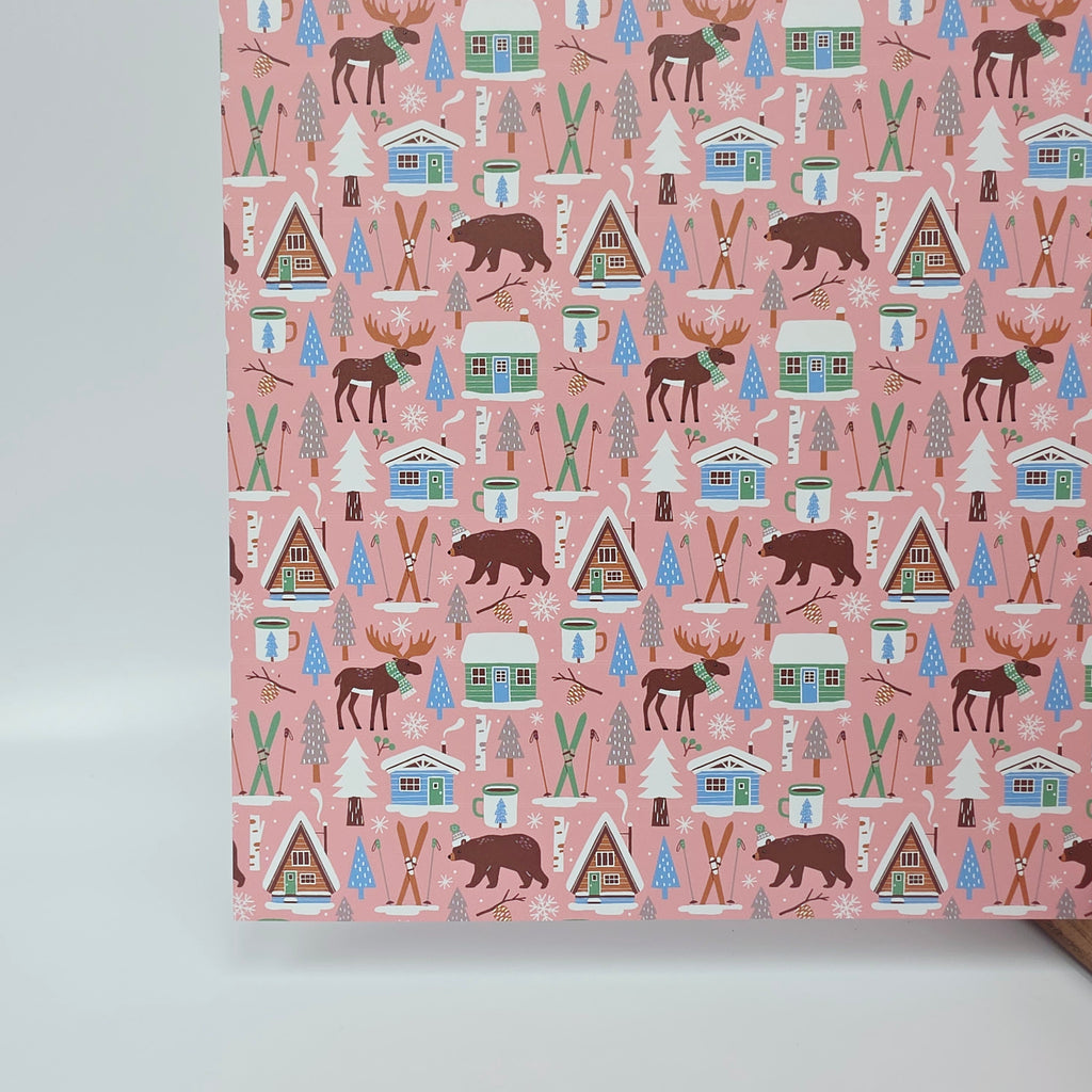 PatternPly® Full Coverage Woodland Christmas on Pink LARGE sheet showing the pattern