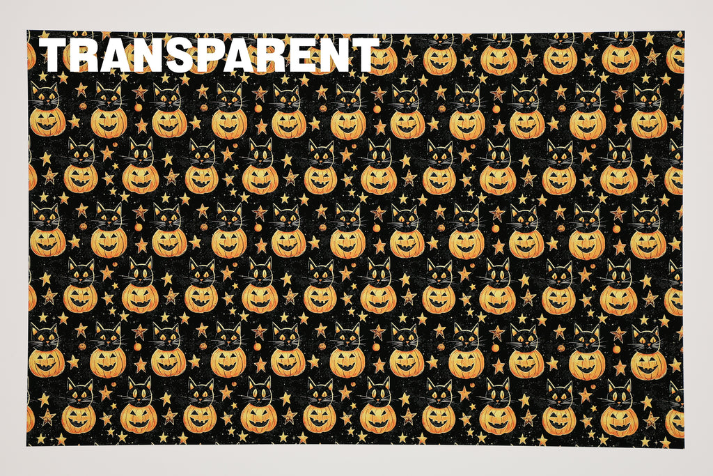 PatternPly® Transparent Black Cat Pumpkins sheet showing the pattern
