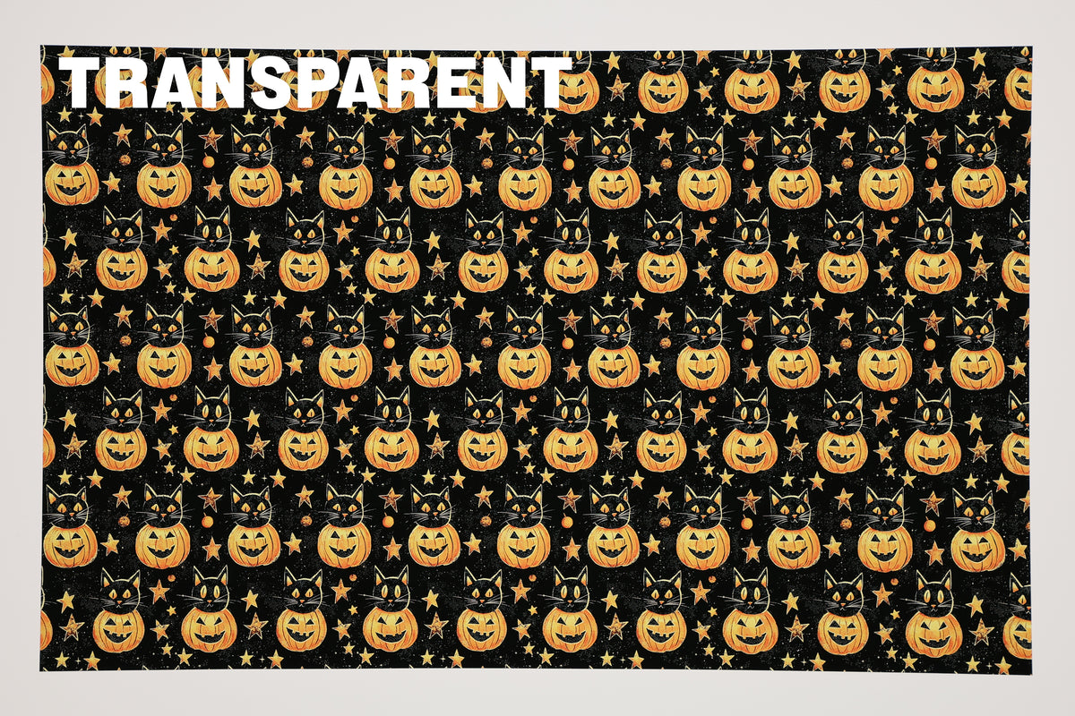 PatternPly® Transparent Black Cat Pumpkins sheet showing the pattern