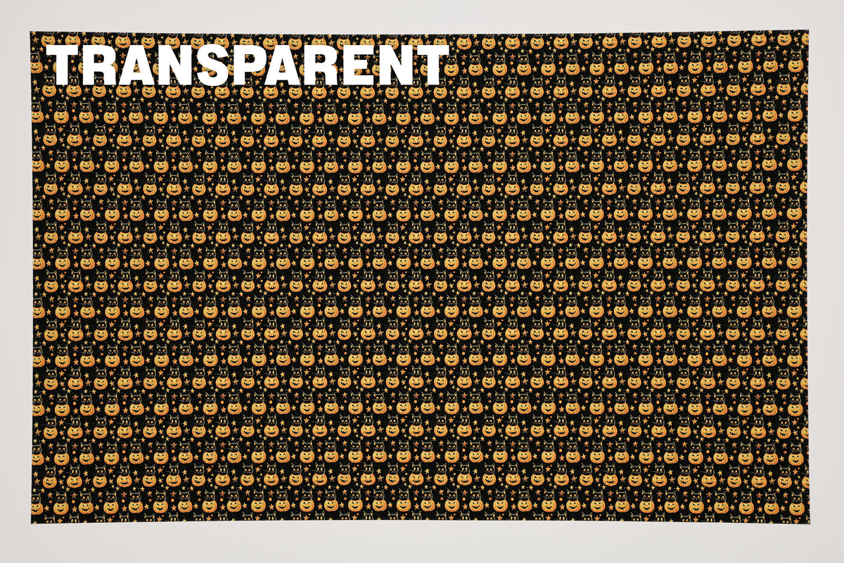 PatternPly® Transparent Black Cat Pumpkins Micro sheet showing the pattern