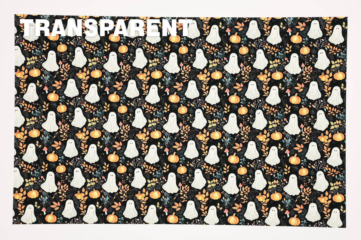 PatternPly® Transparent Ghosts and Mushrooms sheet showing the pattern