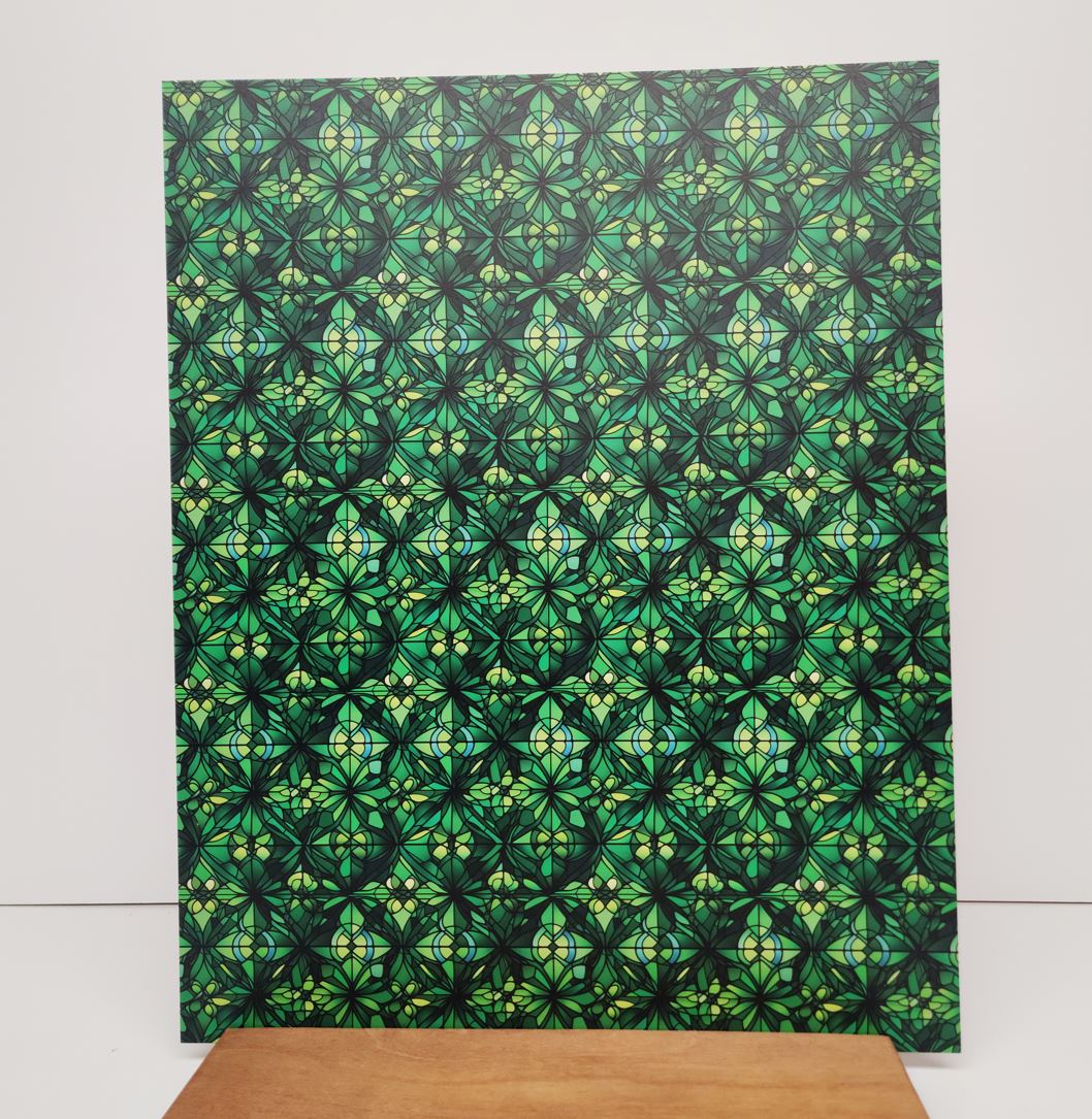 PatternPly® 19x24" Abstract Green Stained Glass XL Scale sheet showing the pattern