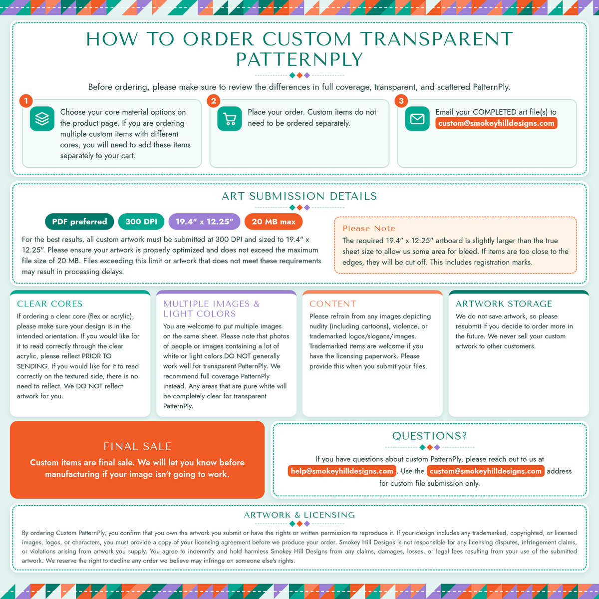 How to order Custom Transparent PatternPly: steps, art submission details and policies