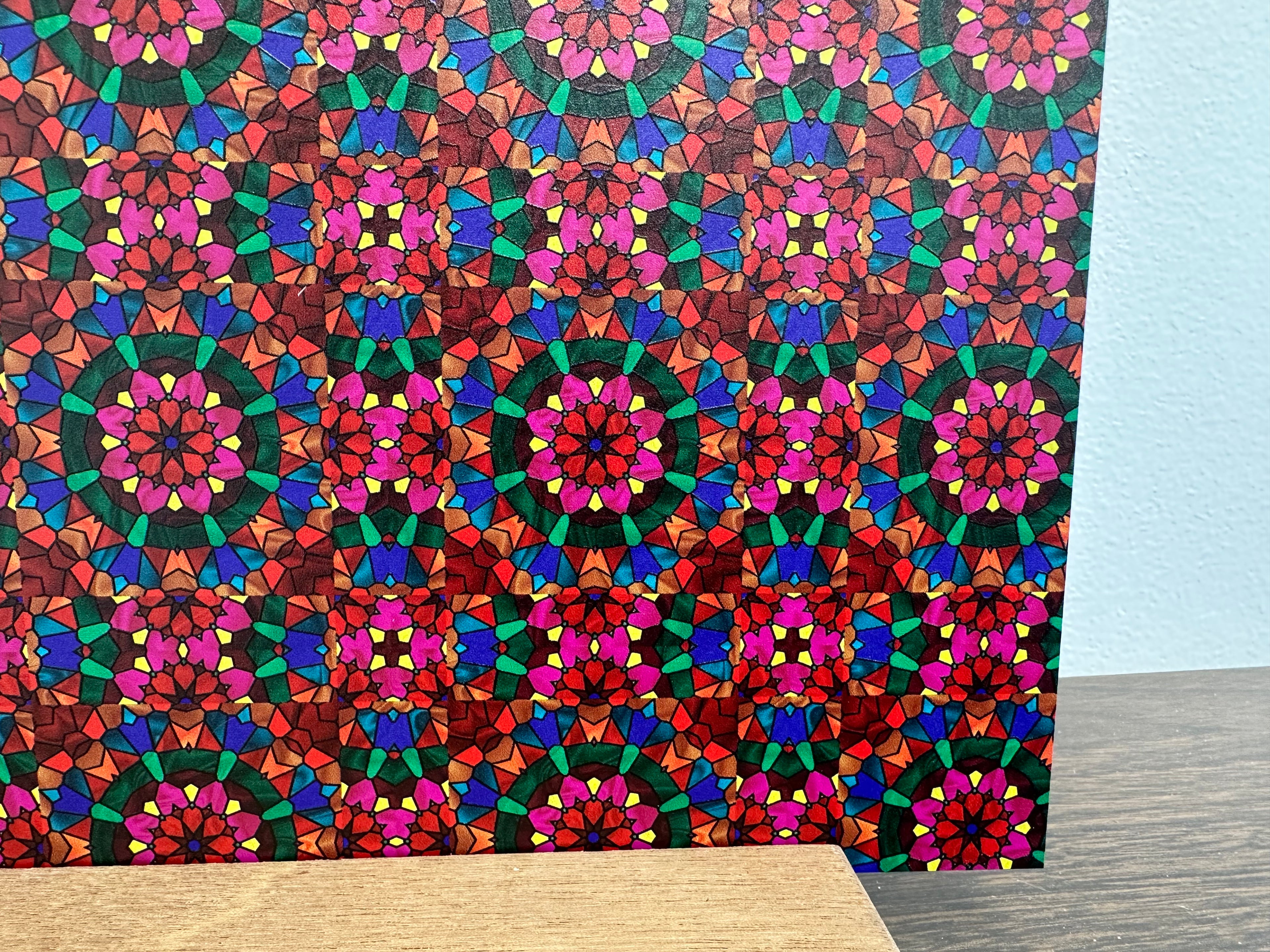 PatternPly® Full Coverage Pink and Red Stained Glass sheet showing the pattern
