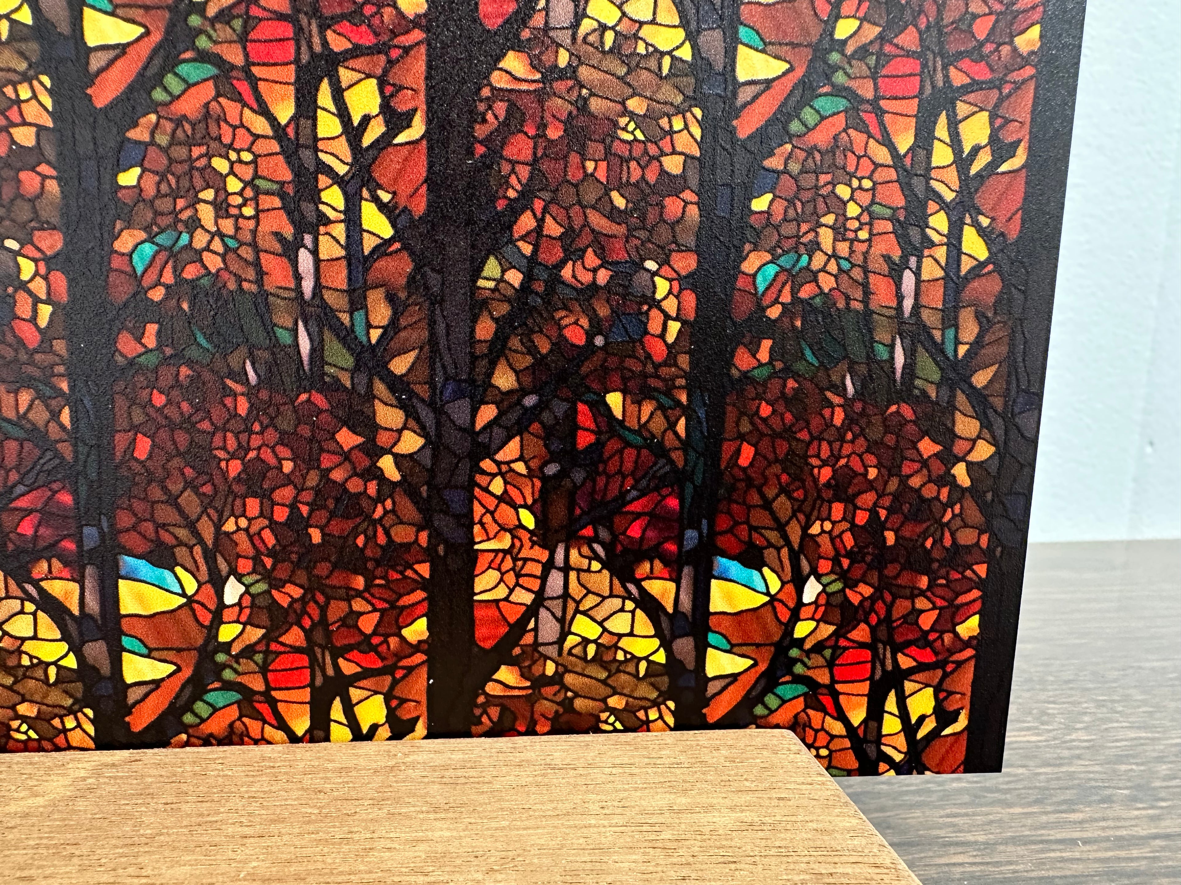PatternPly® Full Coverage Stained Glass Fall Forest sheet showing the pattern