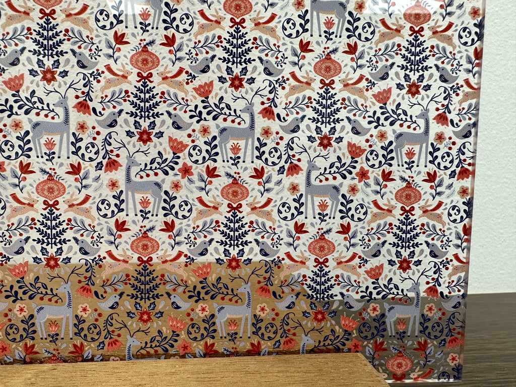 PatternPly® Scattered Blue, Pink, and Red Christmas Forest sheet showing the pattern