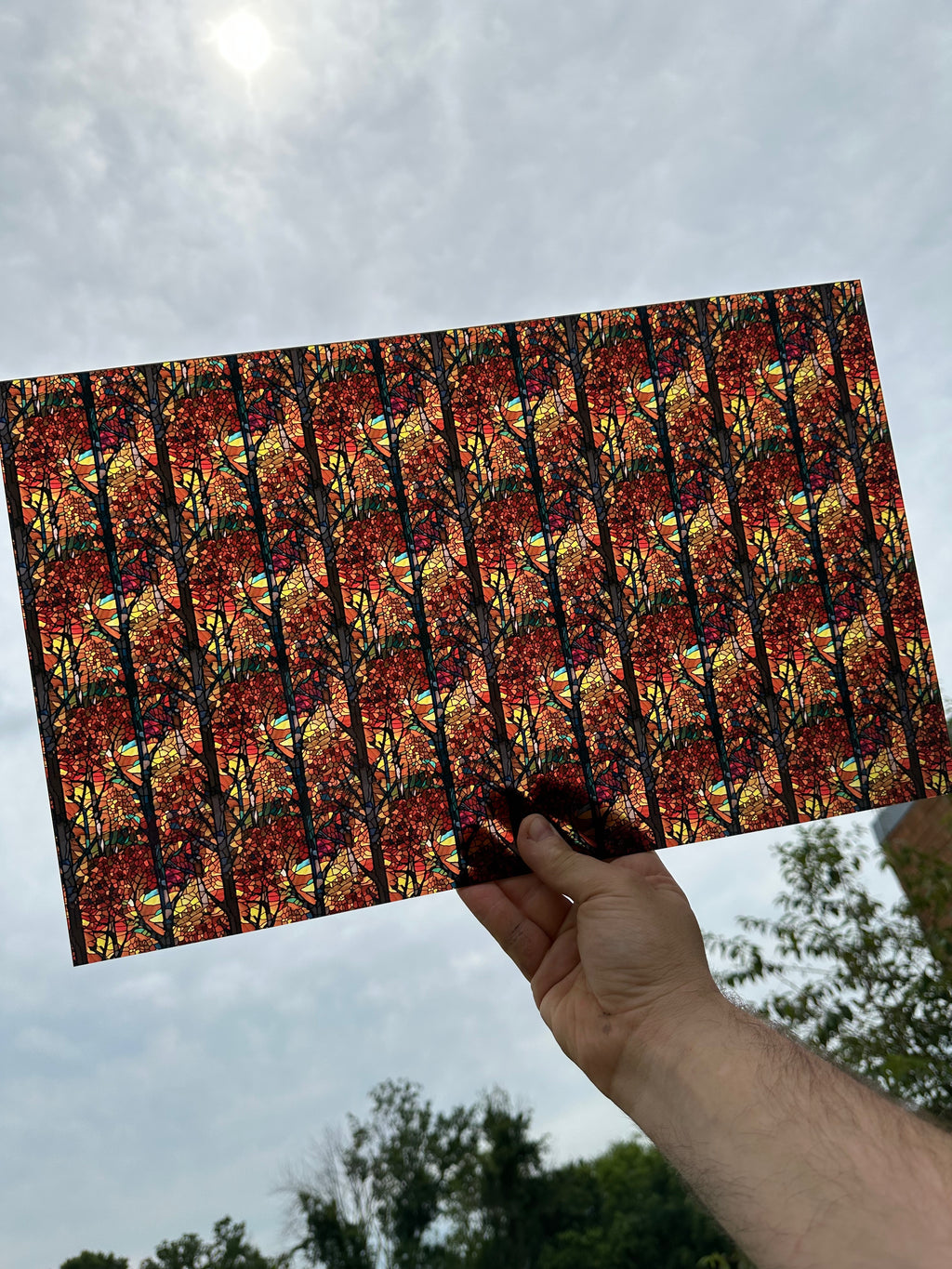 PatternPly® Transparent Stained Glass Fall Forest sheet showing the pattern