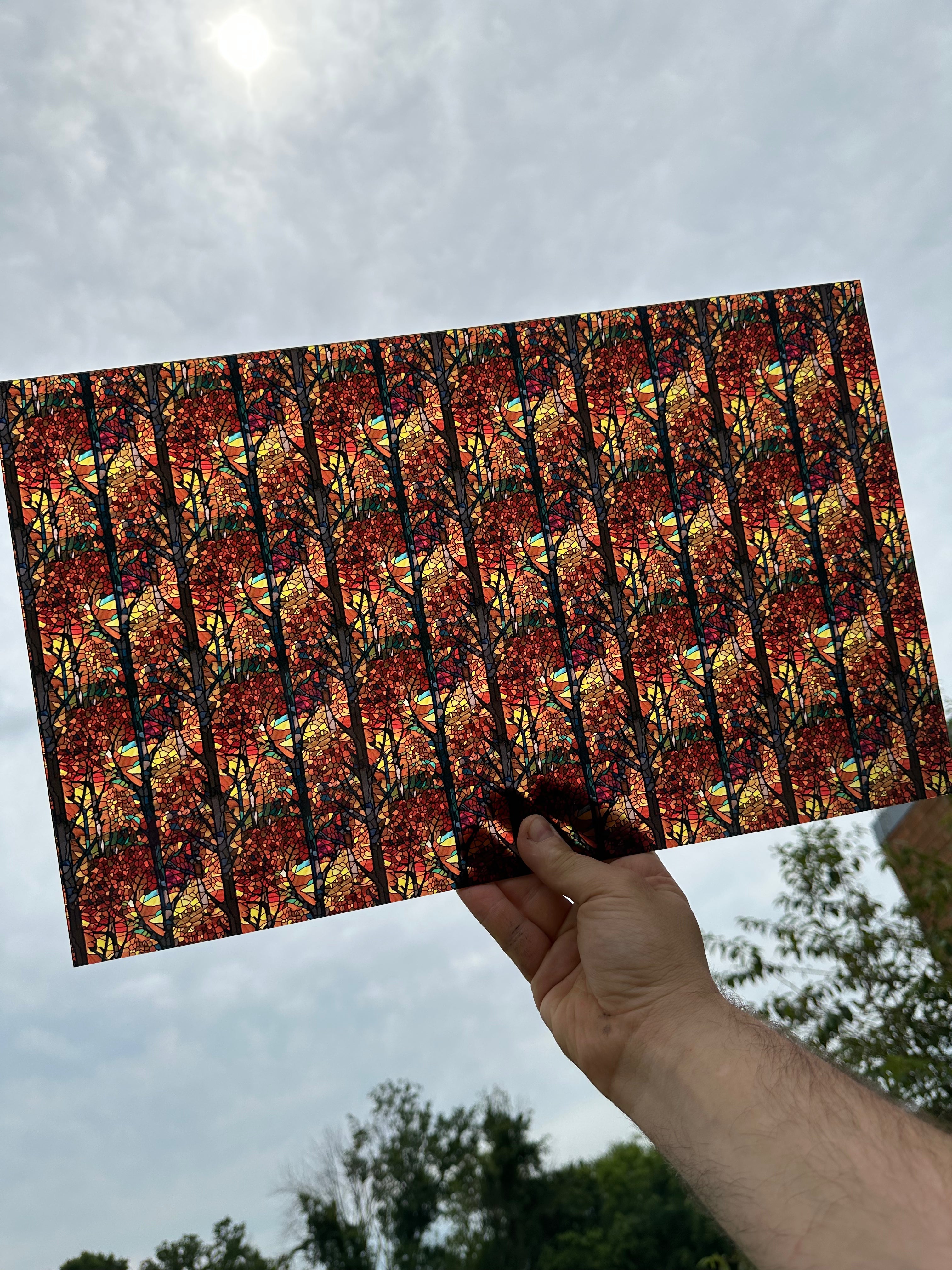 PatternPly® Transparent Stained Glass Fall Forest sheet showing the pattern