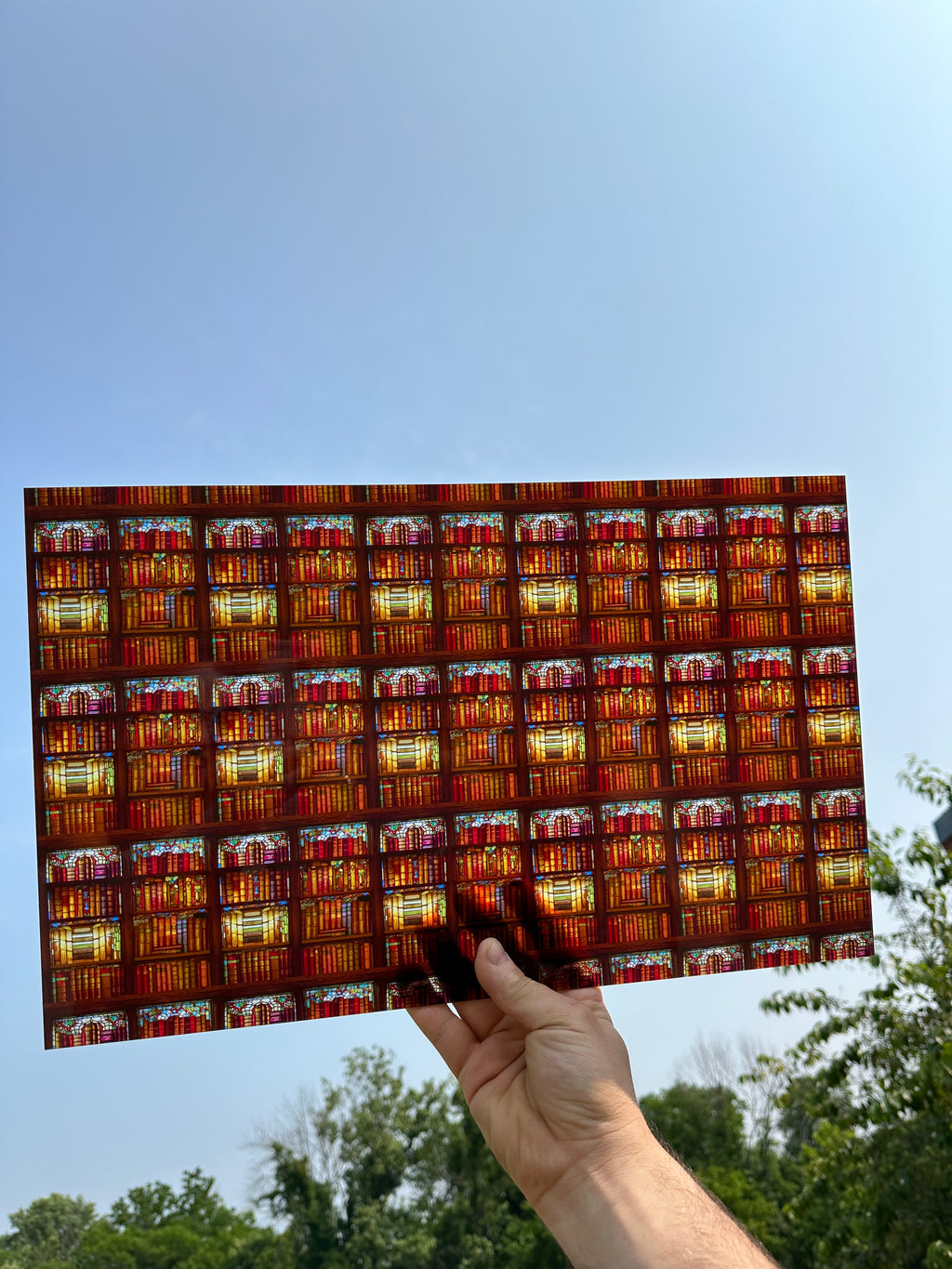 PatternPly® Transparent Library Bookshelves Stained Glass sheet showing the pattern