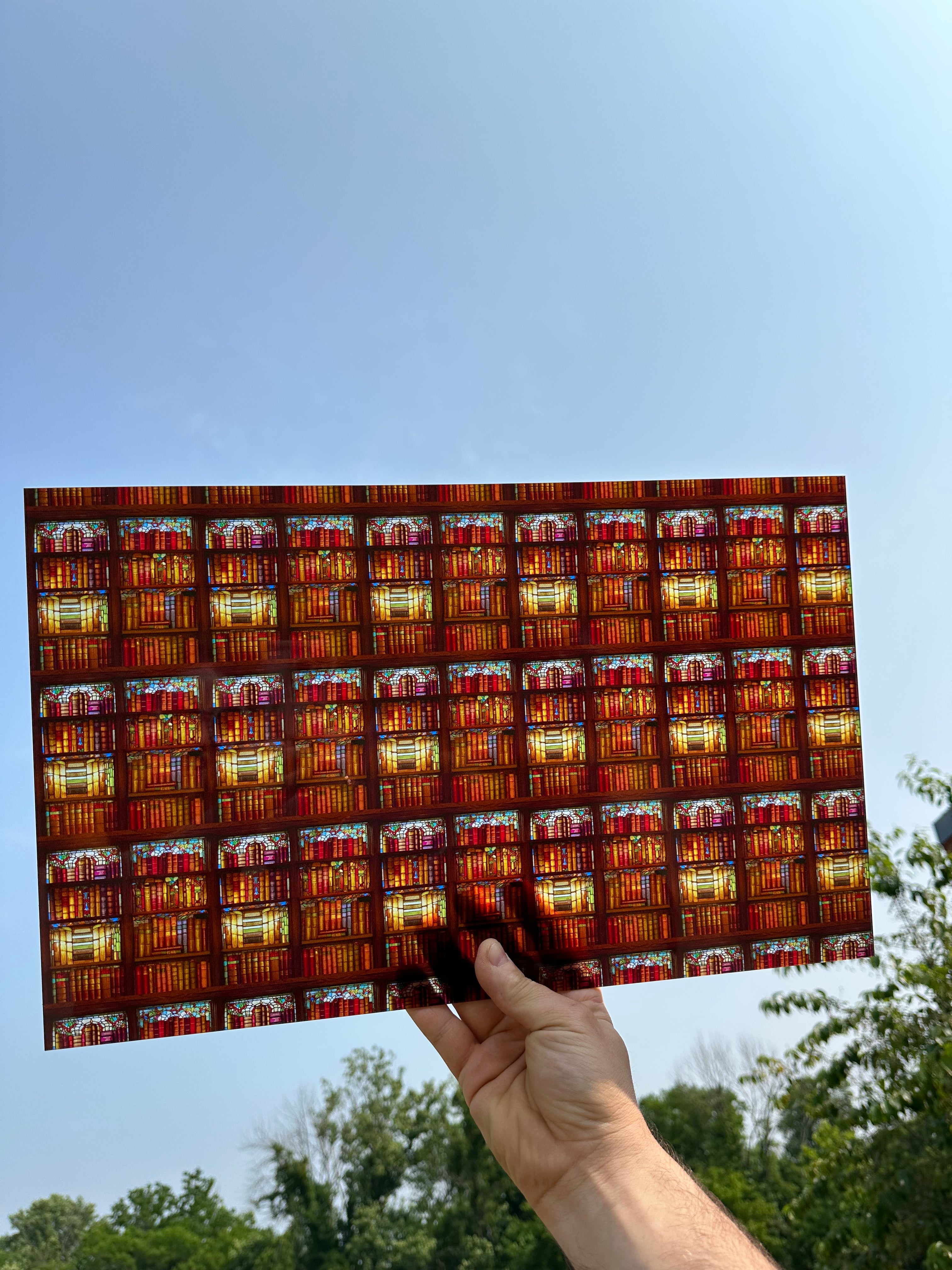 PatternPly® Transparent Library Bookshelves Stained Glass sheet showing the pattern