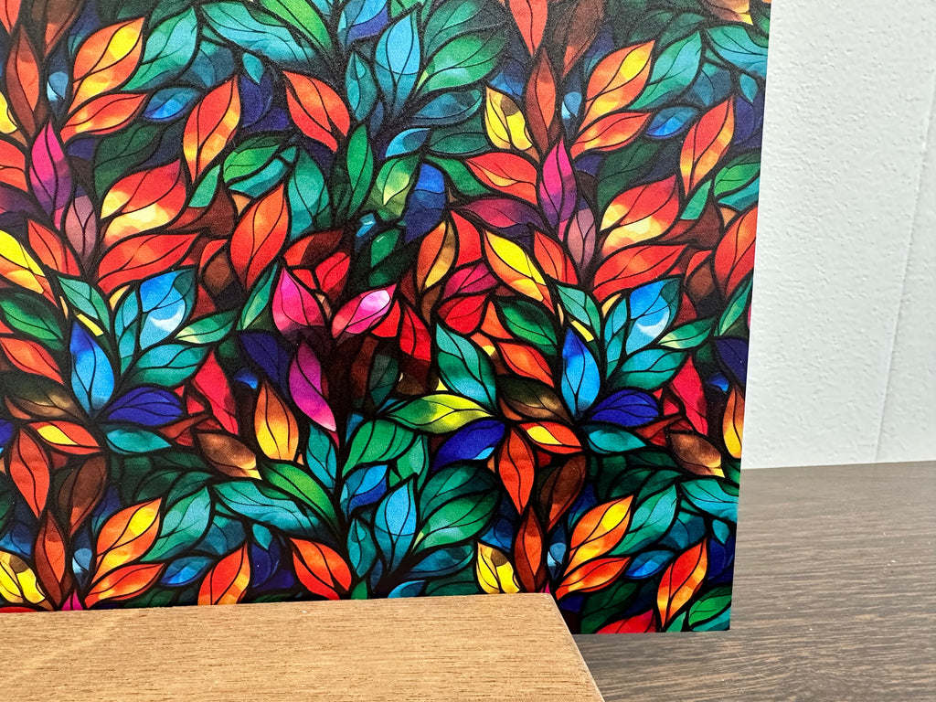 PatternPly® Full Coverage Rainbow Stained Glass Leaves sheet showing the pattern